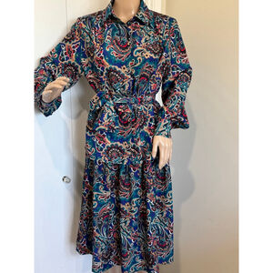 Women's Bleyle blouse & skirt set with tie belt Size L Blue Green Paisley Print